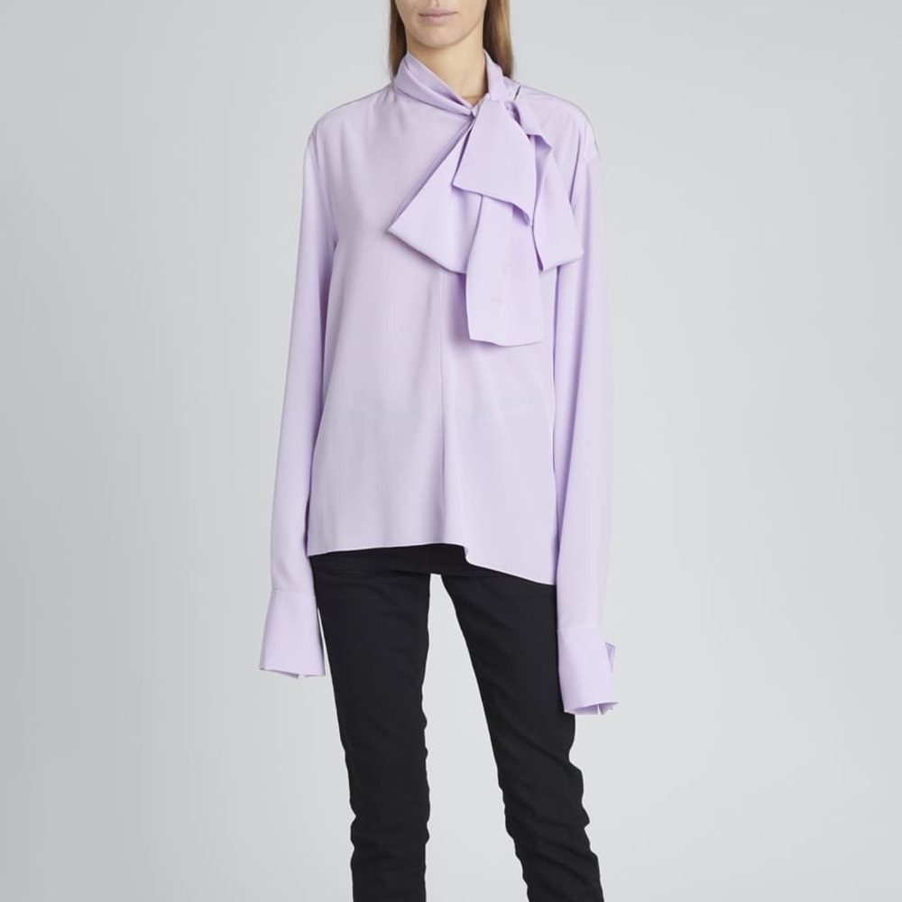 GIVENCHY Blouse in Mauve Purple Scarf Neck Bow Button Cuffs V Neck 100% Silk 38